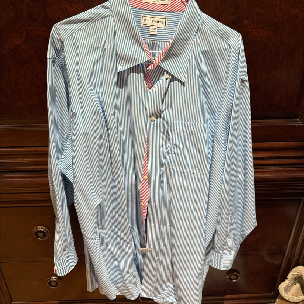 Paul Fredrick Blue Striped Men's Shirt with pink details size 20 sleeve 35